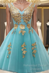 Custom Made A Line V Neck Light Blue Short Tulle Semi Formal Prom Dresses, Short Bridesmaid Dresses, Homecoming Dress, Graduation Dresses