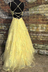 Custom Made Backless Yellow Lace Floral Long Semi Formal Prom Dresses, Yellow Lace Formal Graduation Evening Dresses
