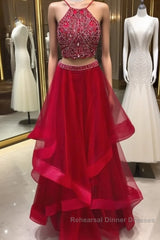 Custom Made Beaded Red Halter Two Piece Semi Formal Prom Dresses ,Formal Dresses