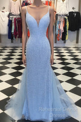 Custom Made Blue V Neck Mermaid Semi Formal Prom Dresses, Mermaid Formal Dresses, Blue Evening Dresses