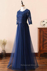 Custom Made Long Sleeves Navy Blue Lace Semi Formal Prom Dresses, Long Sleeves Lace Bridesmaid Dresses, Long Sleeves Navy Blue Lace Formal Graduation Evening Dresses