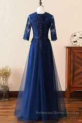 Custom Made Long Sleeves Navy Blue Lace Semi Formal Prom Dresses, Long Sleeves Lace Bridesmaid Dresses, Long Sleeves Navy Blue Lace Formal Graduation Evening Dresses