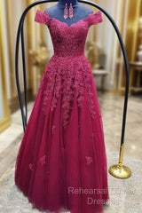 Custom Made Off Shoulder Burgundy Lace Semi Formal Prom Dresses, Off The Shoulder Burgundy Lace Formal Bridesmaid Dresses