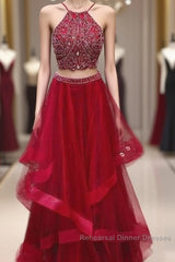 Custom Made Red Two Pieces Sequin Long Semi Formal Prom Dress, Evening Dress