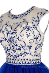 Custom Made Round Neck Cap Sleeves Beading Black Short Semi Formal Prom Dresses Royal Blue Homecoming Dresses, Evening Dresses 2019