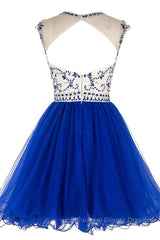 Custom Made Round Neck Cap Sleeves Beading Black Short Semi Formal Prom Dresses Royal Blue Homecoming Dresses, Evening Dresses 2019
