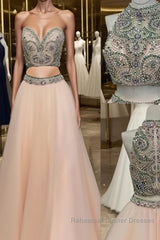 Custom Made Two Pieces High-Neck Beaded Pink Tulle Semi Formal Prom Dresses, Pink Evening Dresses