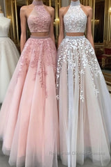 Custom made two pieces tulle long Semi Formal Prom Dresses, lace evening Dresses