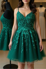 Cute A Line V Neck Backless Green Lace Semi Formal Prom Dresses, Short Backless Green Lace Formal Graduation Homecoming Dresses