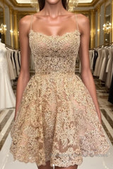 Cute Backless Short Golden Lace Semi Formal Prom Dresses, Golden Lace Homecoming Dresses, Short Golden Formal Evening Dresses