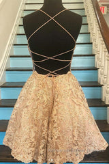 Cute Backless Short Golden Lace Semi Formal Prom Dresses, Golden Lace Homecoming Dresses, Short Golden Formal Evening Dresses