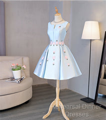 Cute Blue Satin Short Homecoming Dress Party Dress, Blue Semi Formal Prom Dress With Flowers