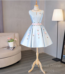 Cute Blue Satin Short Homecoming Dress Party Dress, Blue Semi Formal Prom Dress With Flowers