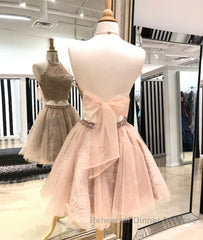 Cute champagne tulle lace short Semi Formal Prom Dresses, homecoming Dresses