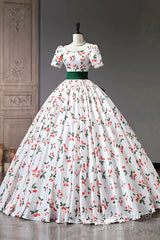Cute Cherry Pattern Long Princess Semi Formal Prom Dress, White A-Line Evening Party Dress