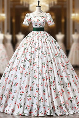 Cute Cherry Pattern Long Princess Semi Formal Prom Dress, White A-Line Evening Party Dress