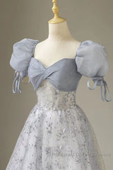 Cute Floral Printed Long Semi Formal Prom Dress A Line Puff Sleeves Blue Party Gown