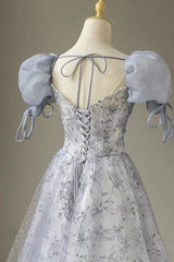 Cute Floral Printed Long Semi Formal Prom Dress A Line Puff Sleeves Blue Party Gown