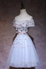 Cute Gray Blue Tulle Short Semi Formal Prom Dress, Off The Shoulder Homecoming Dress