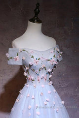 Cute Gray Blue Tulle Short Semi Formal Prom Dress, Off The Shoulder Homecoming Dress