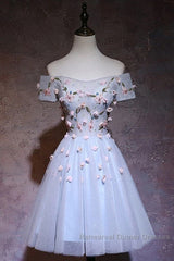 Cute Gray Blue Tulle Short Semi Formal Prom Dress, Off The Shoulder Homecoming Dress