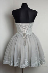 Cute Gray Tulle Lace Short Semi Formal Prom Dress, Gray Homecoming Dress