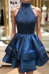 Cute High-Neck Sequin Beaded Short Blue Semi Formal Prom Dresses, Blue Homecoming Dresses