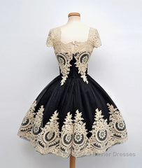 Cute Lace Applique Black Short Semi Formal Prom Dresses, Lace Applique Homecoming Dresses