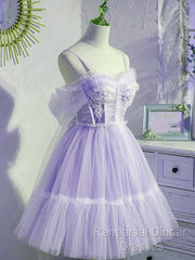 Cute Lavender Tulle Short Straps Homecoming Dresss, Tulle Sweetheart Semi Formal Prom Dress