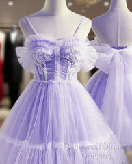 Cute Lavender Tulle Short Straps Homecoming Dresss, Tulle Sweetheart Semi Formal Prom Dress