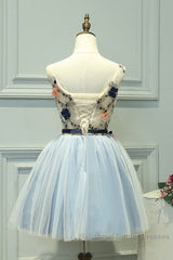 Cute Light Blue Short Tulle Homecoming Dress, Blue Semi Formal Prom Dress