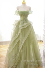 Cute Light Green A-Line Beaded Tulle Party Dress, Light Green Long Semi Formal Prom Dress