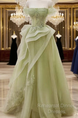 Cute Light Green A-Line Beaded Tulle Party Dress, Light Green Long Semi Formal Prom Dress