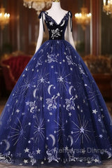 Cute Navy Blue Ball Gown V-Neckline Party Dress, Navy Blue Sweet 16 Dress