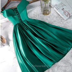 Cute Off Shoulder Green Satin Short Semi Formal Prom Dresses, Off the Shoulder Green Homecoming Dresses, Green Formal Evening Dresses