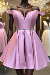 Cute Off Shoulder Pink Satin Short Semi Formal Prom Dresses, Off the Shoulder Pink Homecoming Dresses, Pink Formal Graduation Evening Dresses