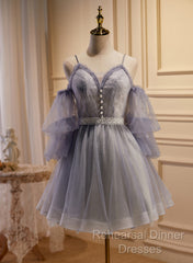 Cute Off Shoulder Tulle And Lace Straps Homecoming Dress, Short Semi Formal Prom Dress