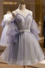 Cute Off Shoulder Tulle And Lace Straps Homecoming Dress, Short Semi Formal Prom Dress