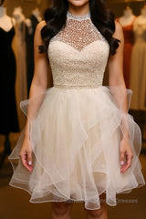 Cute Open Back Champagne Beaded Short Semi Formal Prom Dresses, Fluffy Champagne Beaded Homecoming Dresses
