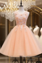 Cute Pink Flowers And Lace Applique Round Neckline Party Dress, Pink Homecoming Dress