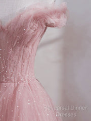 Cute Pink Princess Tulle Sequin Semi Formal Prom Dress Off The Shoulder Evening Dress