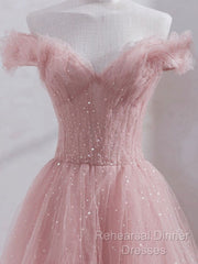 Cute Pink Princess Tulle Sequin Semi Formal Prom Dress Off The Shoulder Evening Dress