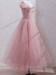 Cute Pink Princess Tulle Sequin Semi Formal Prom Dress Off The Shoulder Evening Dress