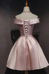 Cute Pink Satin Off Shoulder Knee Length Formal Dress, Lovely Semi Formal Prom Dress