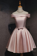 Cute Pink Satin Off Shoulder Knee Length Formal Dress, Lovely Semi Formal Prom Dress