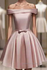 Cute Pink Satin Off Shoulder Knee Length Formal Dress, Lovely Semi Formal Prom Dress