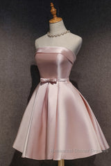 Cute Pink Satin Scoop Knee Length Short Semi Formal Prom Dress Homecoming Dress, Pink Formal Dresses