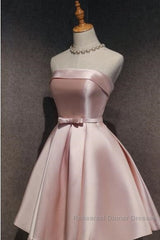 Cute Pink Satin Scoop Knee Length Short Semi Formal Prom Dress Homecoming Dress, Pink Formal Dresses