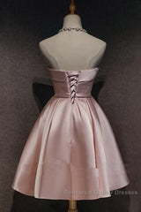 Cute Pink Satin Scoop Knee Length Short Semi Formal Prom Dress Homecoming Dress, Pink Formal Dresses