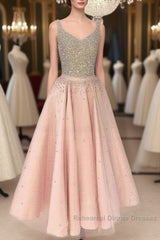 Cute Pink Sequin Tea-Long Semi Formal Prom Dress, Pink Sequin Formal Dress For Teens